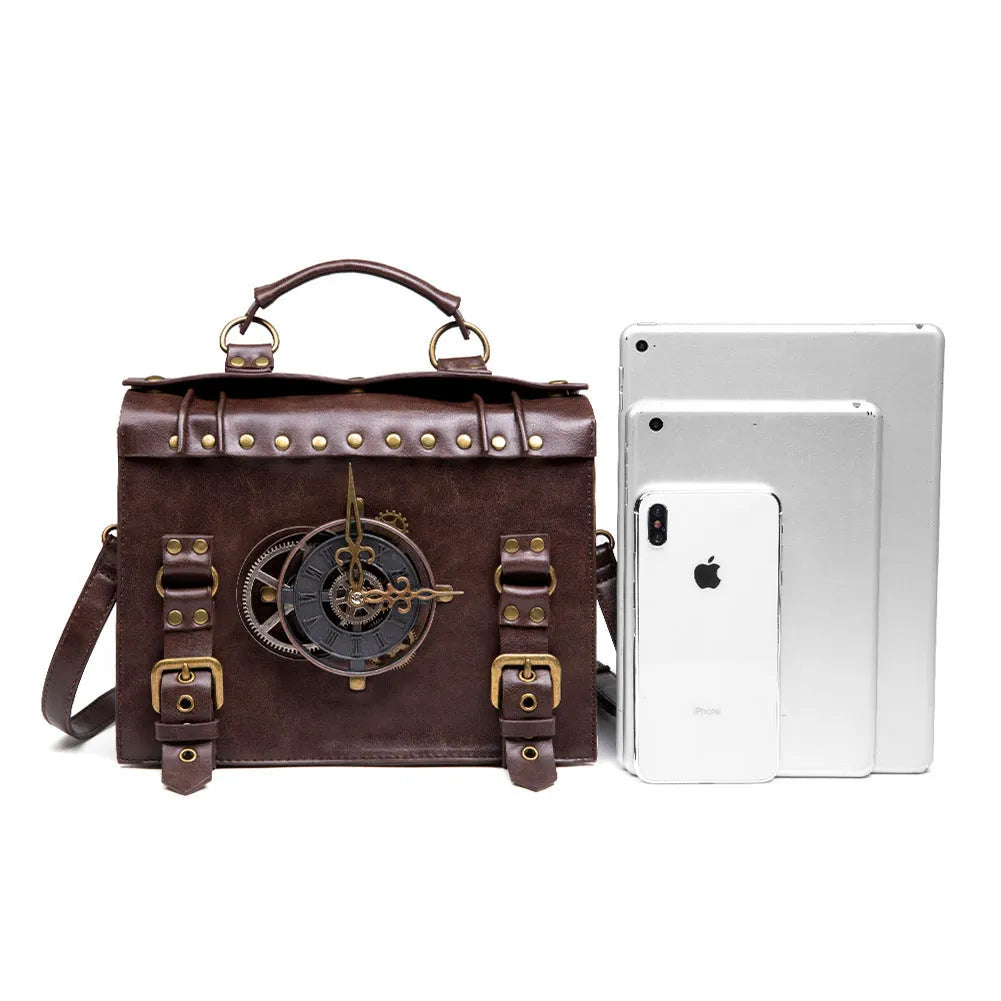 Bronze steampunk industrial retro style shoulder bag with metal hardware and pillow shape