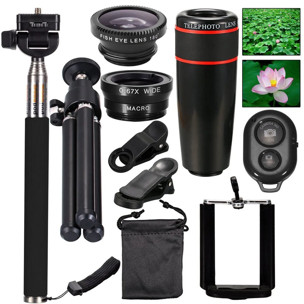 3-in-1 telephoto lens kit for mobile phones with 8x magnification, universal clip, and selfie stick clamp