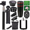 3-in-1 telephoto lens kit for mobile phones with 8x magnification, universal clip, and selfie stick clamp