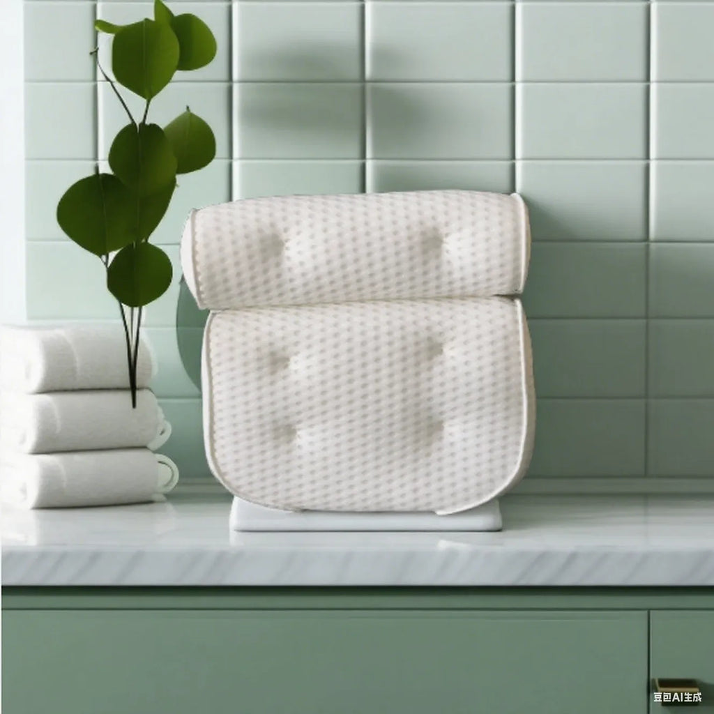 White 4D mesh bathtub pillow with 7 suction cups on a bathtub edge.
