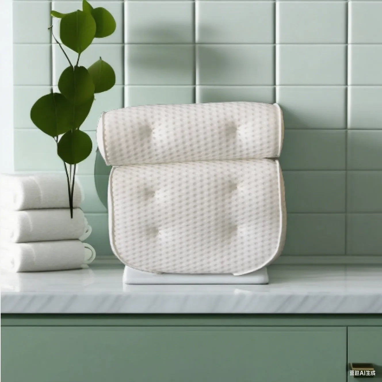White 4D mesh bathtub pillow with 7 suction cups on a bathtub edge.