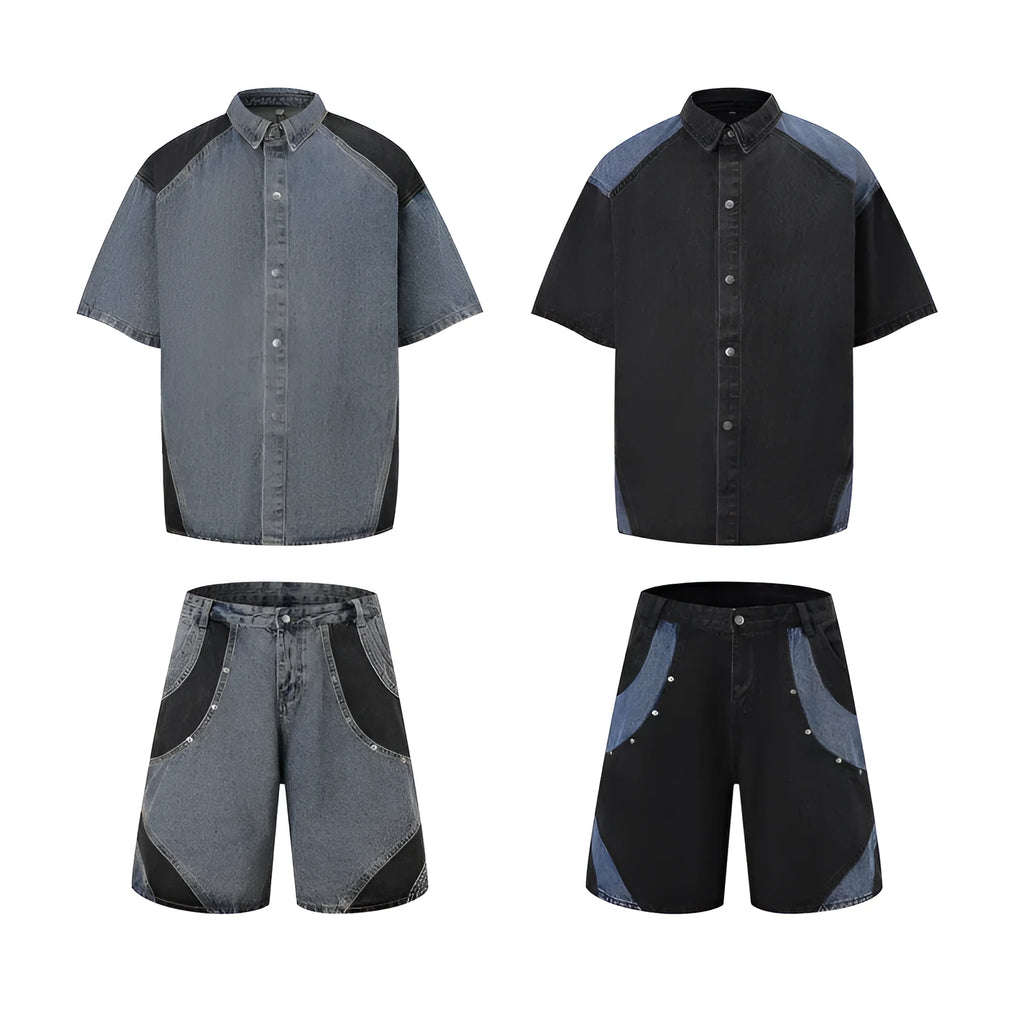 Retro washed denim jeans suit featuring a short-sleeve jacket and matching trousers on a mannequin.