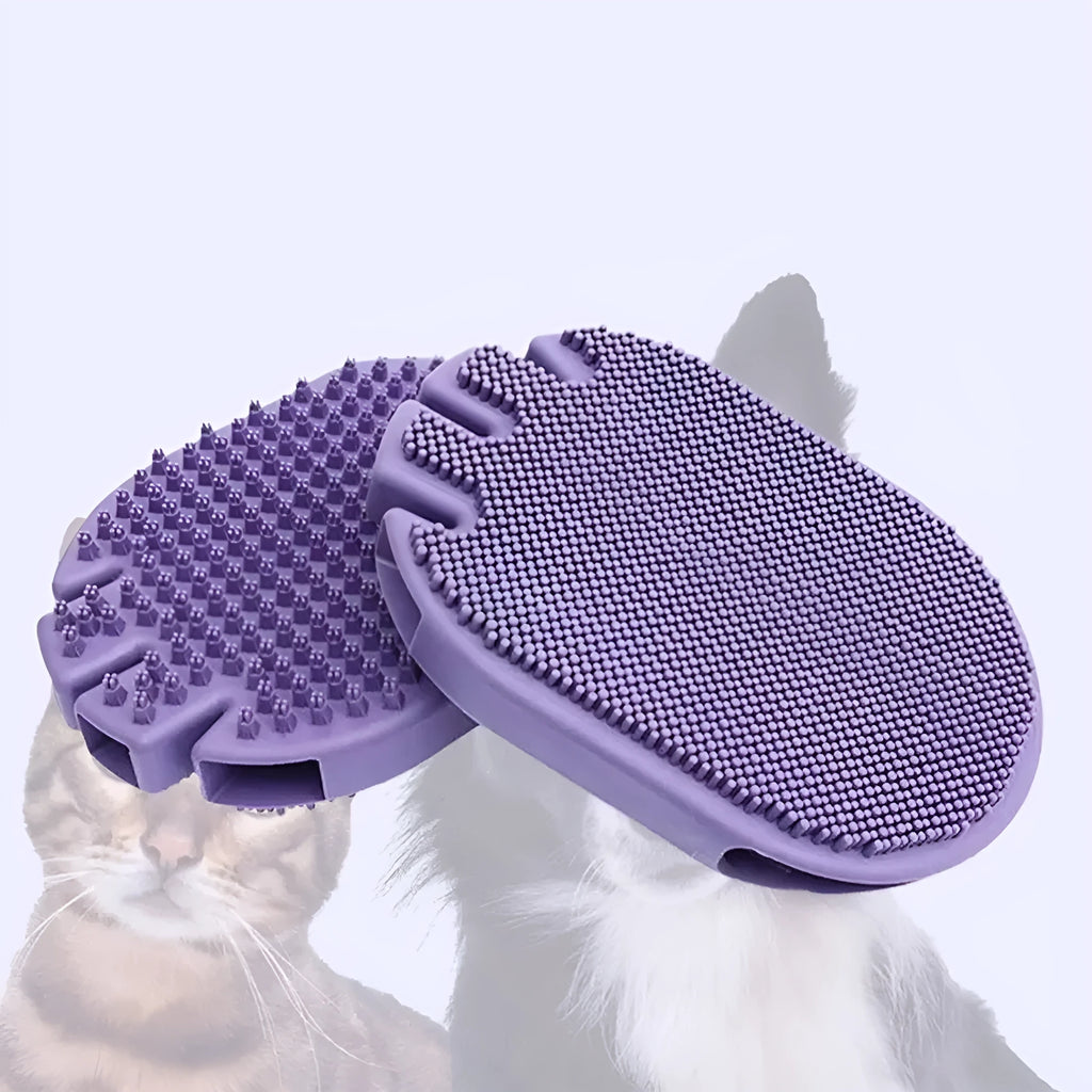 Purple dual-sided pet shampoo brush with soft TPR bristles for dog and cat bathing