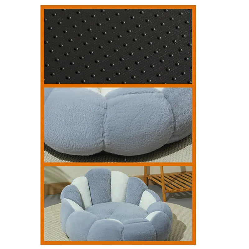 Grey white rabbit fur pet shell nest kennel for cats and dogs, shown in three sizes.