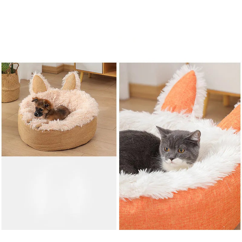 Soft faux fur plush cat bed in grey with fluffy interior – available in multiple sizes and colours for indoor use
