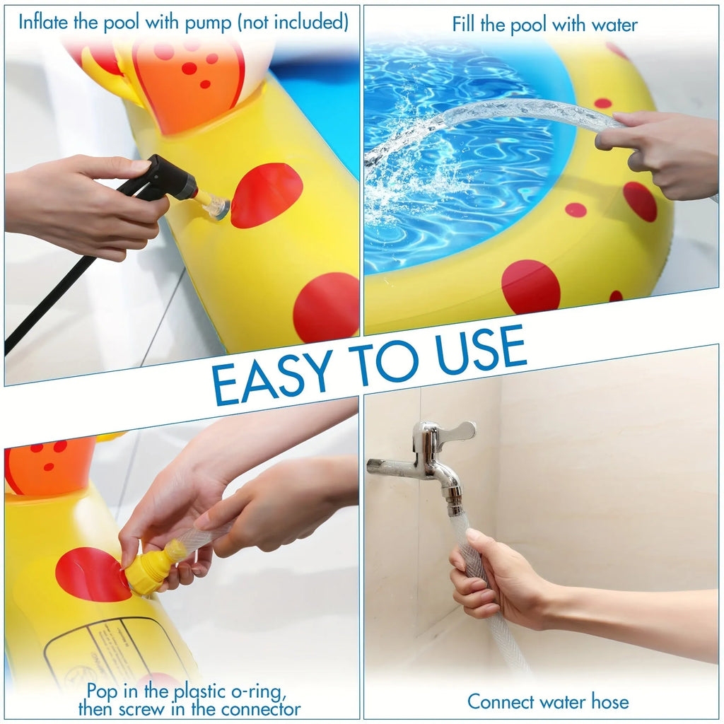 Blue dinosaur and shark water play pool for children in a garden setting