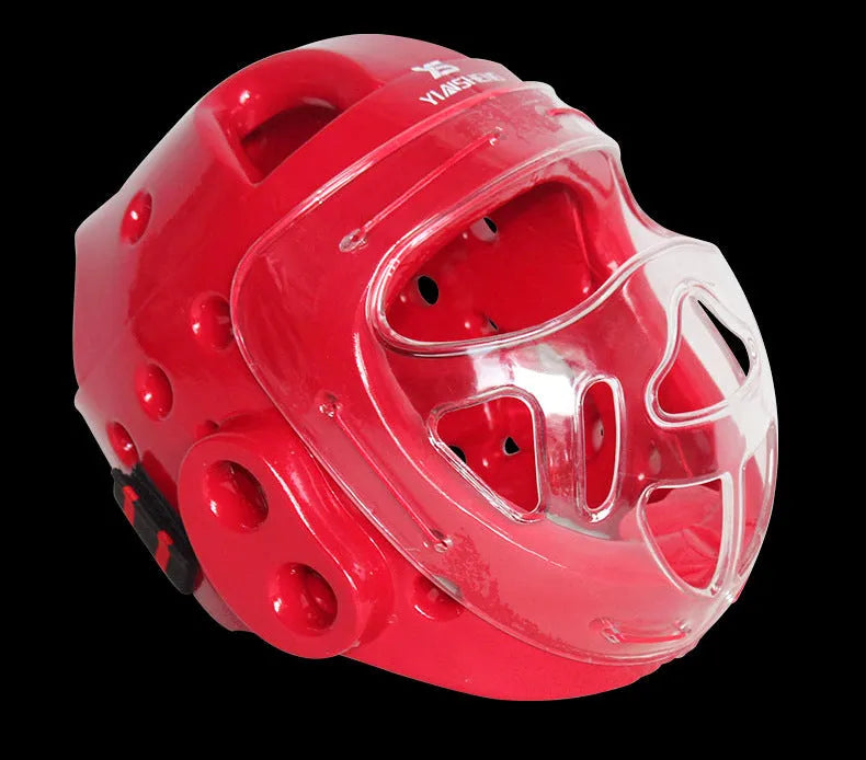 A white, blue, and red karate boxing helmet with chin strap for head protection.