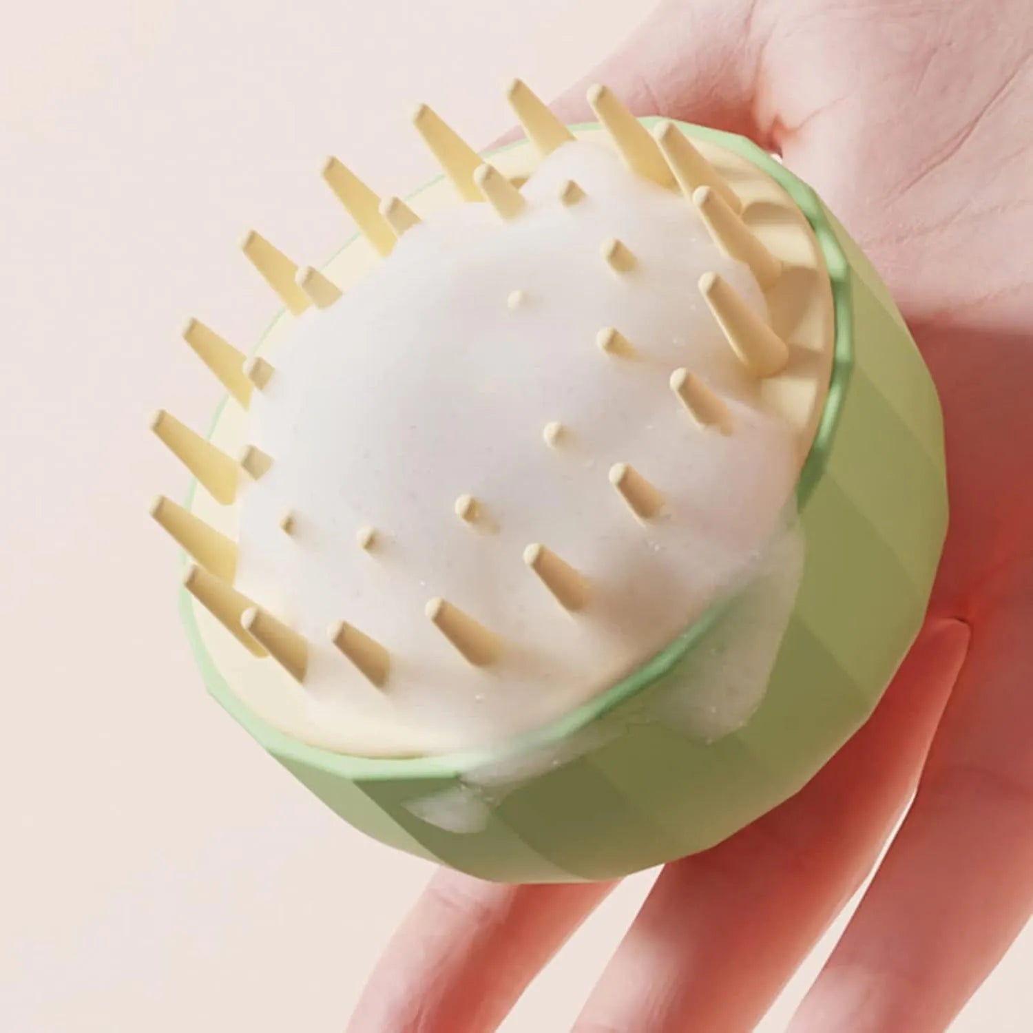 Green pet shampoo massage brush for dog washing and cat bathing with drainage holes