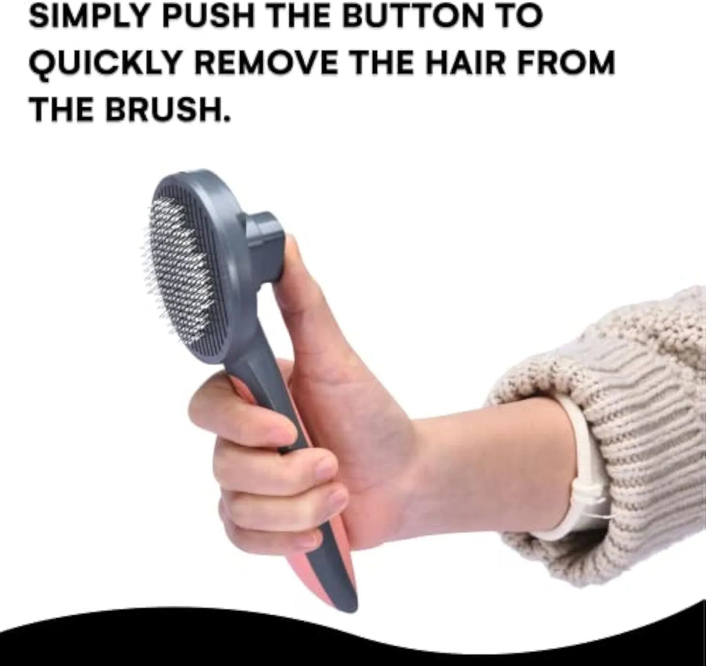 Grey self-cleaning slicker brush for pet grooming with one-click button and comfort-grip handle