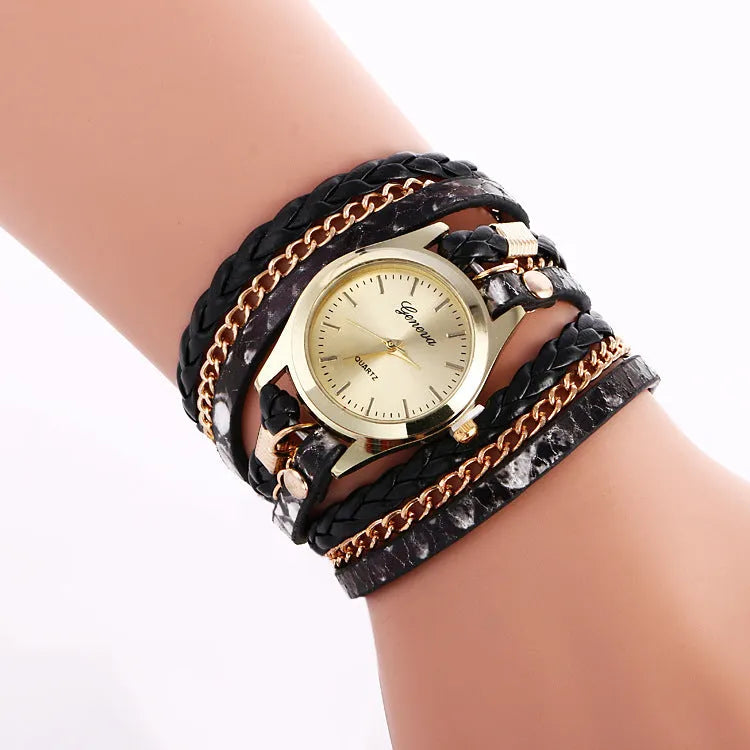 Ladies wrap watch with leopard weave bracelet and round alloy case on white background