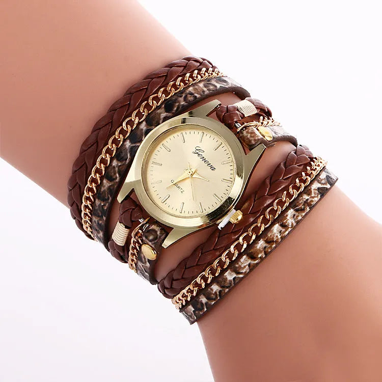Ladies wrap watch with leopard weave bracelet and round alloy case on white background