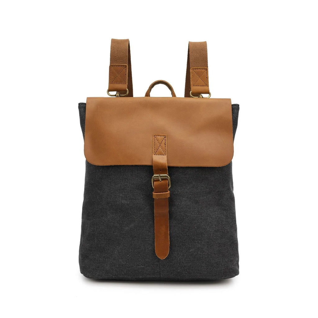 Waterproof canvas student backpack with Crazy Horse leather trim in minimalist design