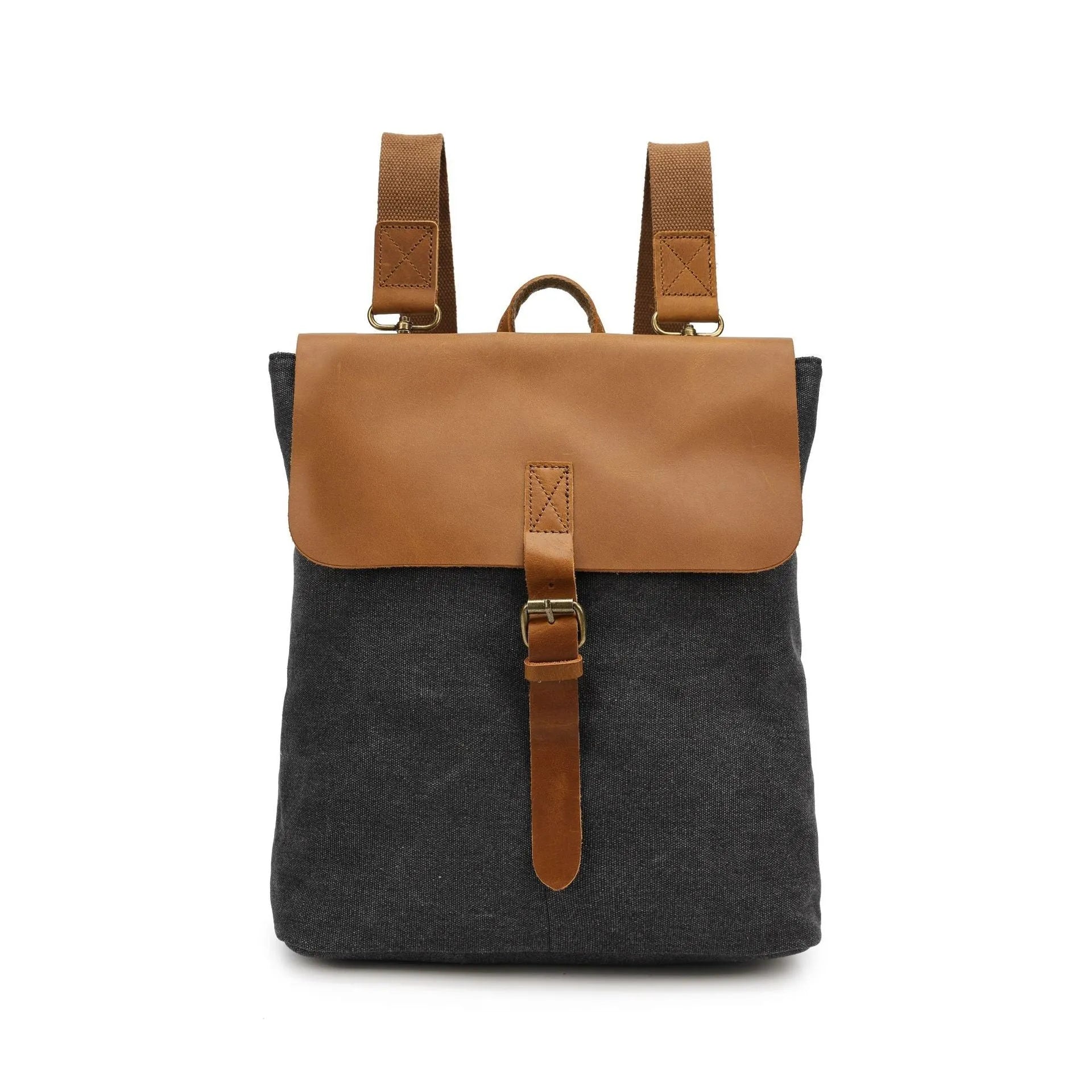 Waterproof canvas student backpack with Crazy Horse leather trim in minimalist design