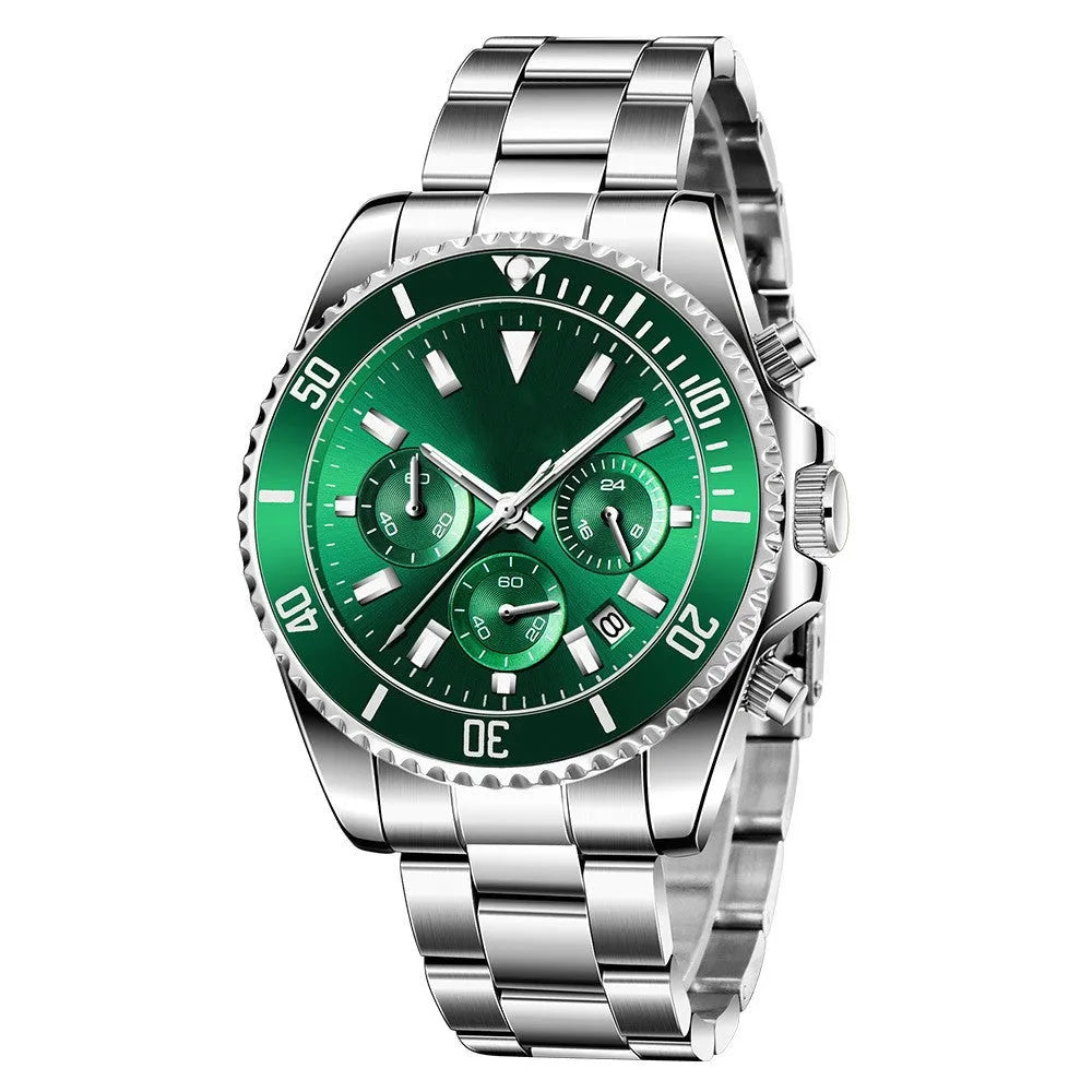 Men's casual steel band watch with night light, 43mm round alloy case, stainless steel buckle, black dial