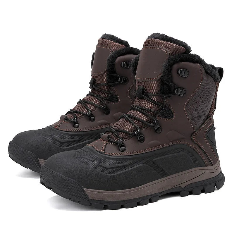 Men's black high-top boots with fleece lining, flat heel, and lace-up front on a ribbed TPR sole.