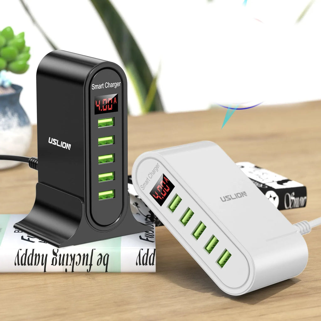 Smart LED digital display USB charger showing black and white options with EU UK US plugs