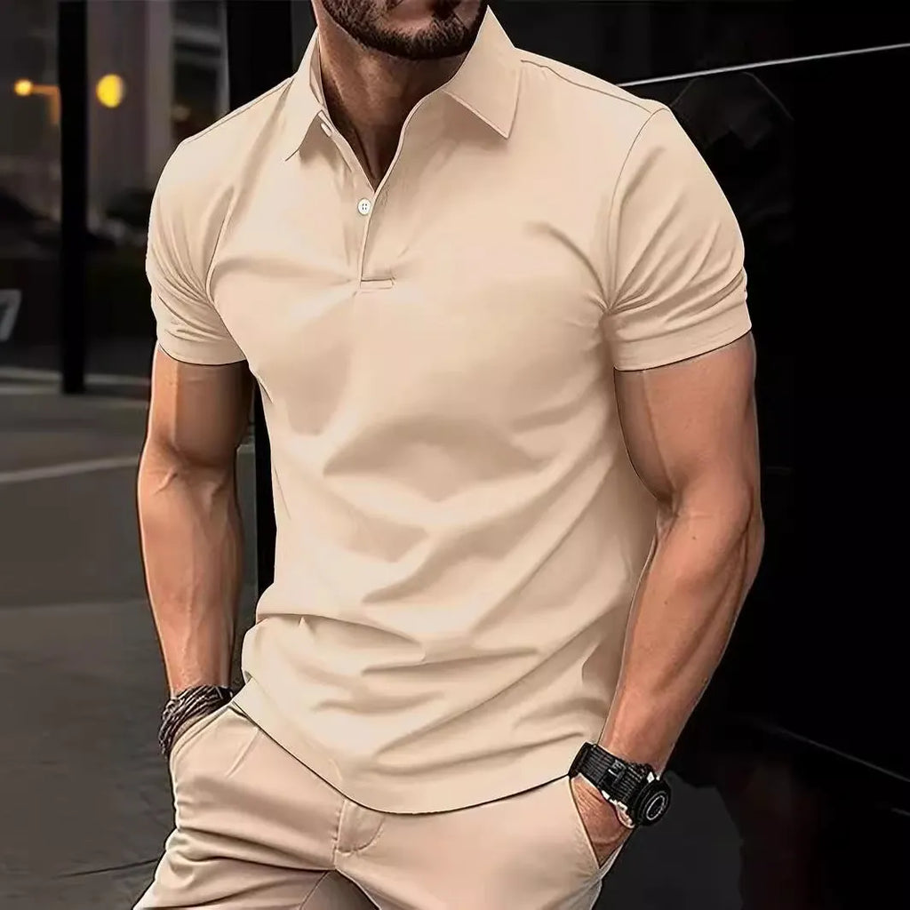 Men's slim fit cotton-mix short sleeve button shirt on a hanger in multiple colour options.
