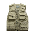 Cotton multi-pocket fishing vest with ribbed hem, available in army green, khaki, dark blue, black, red, orange