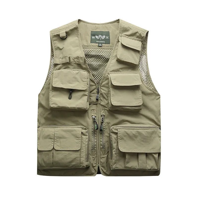 Cotton multi-pocket fishing vest with ribbed hem, available in army green, khaki, dark blue, black, red, orange