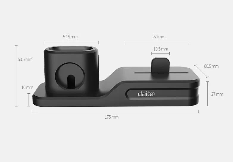 Black silicone 3-in-1 charging base for Apple-compatible iPhone, iWatch and AirPods devices on flat surface