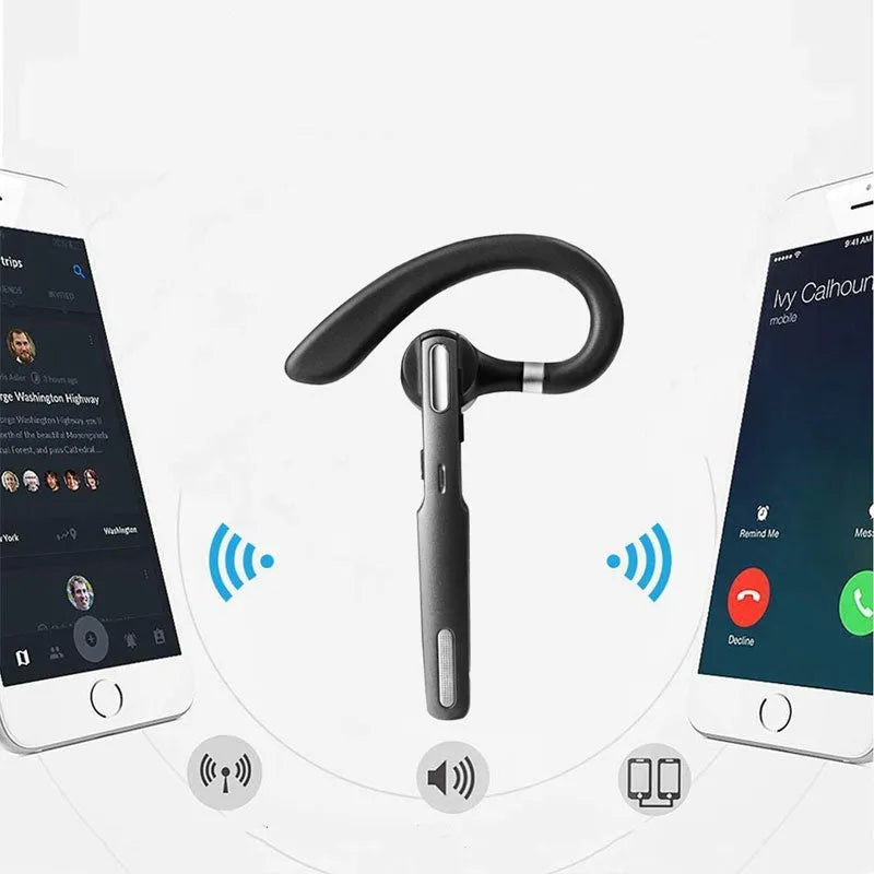 Black mono Bluetooth headset with over-ear hook for hanging-ear wearing style