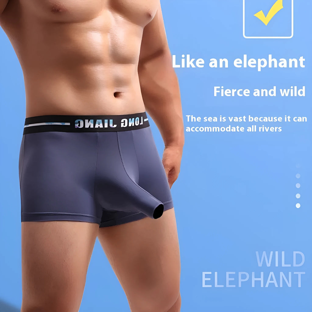 Men's ice silk boxer shorts in mid waist design showing solid colour options including Army Green, Black, and Gray