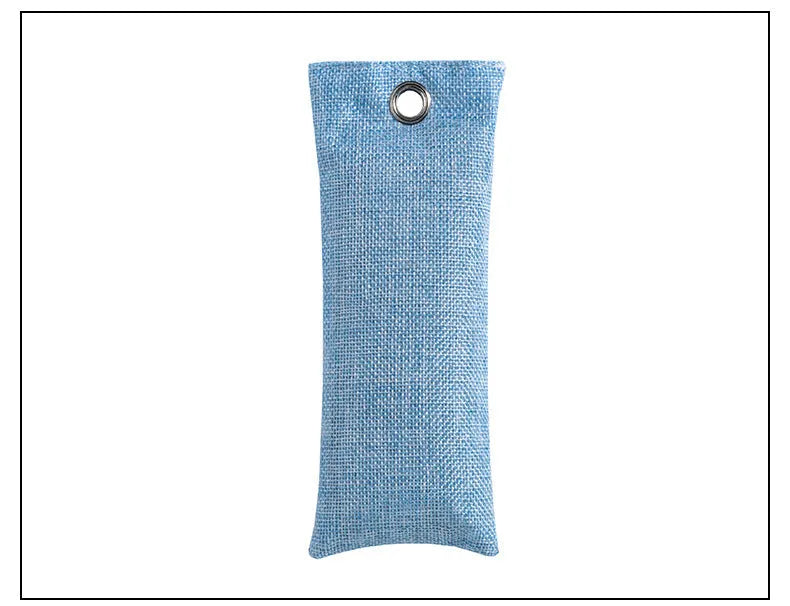 Black, green, grey, and blue bamboo charcoal deodoriser bags for shoes and household odour absorption.