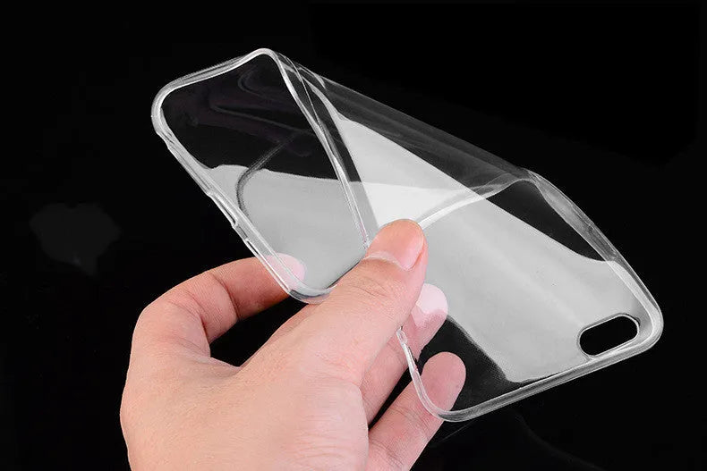 Transparent soft TPU mobile phone case for Apple iPhone on a white background.