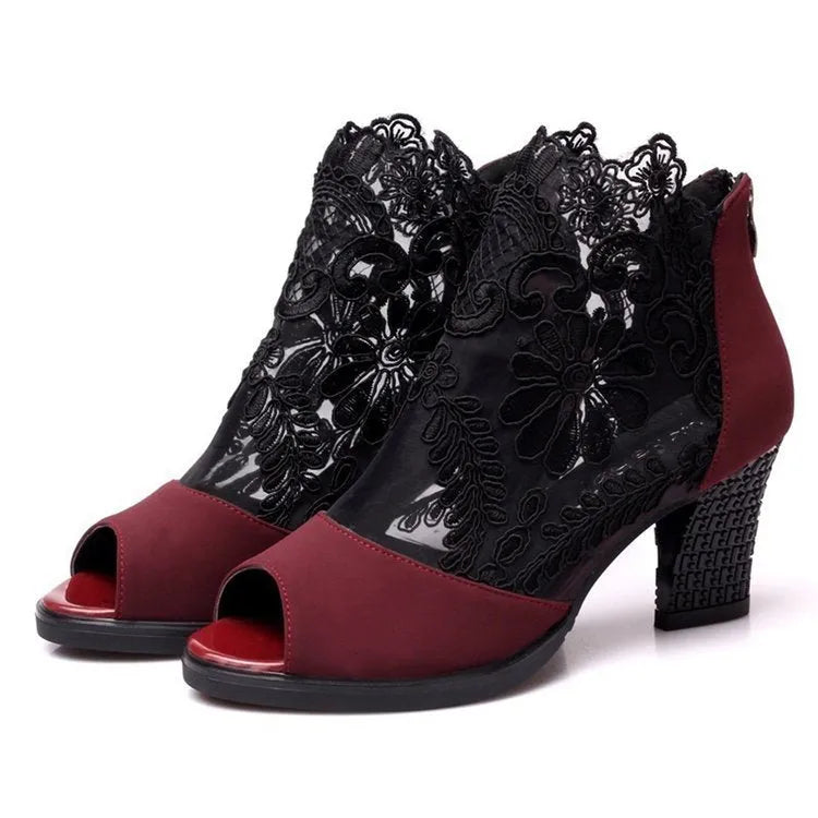Black floral lace gladiator sandals with square high heel and peep toe design