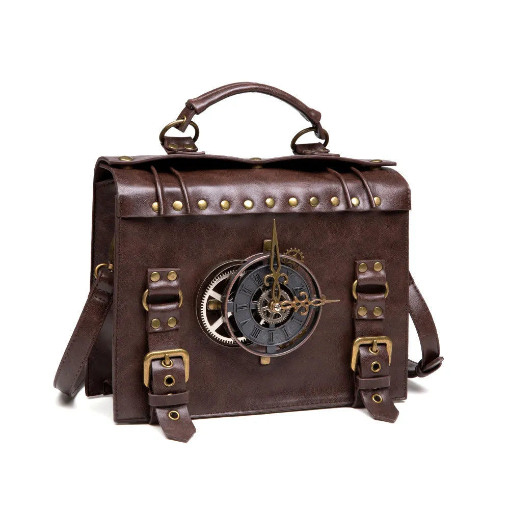 Bronze steampunk industrial retro style shoulder bag with metal hardware and pillow shape