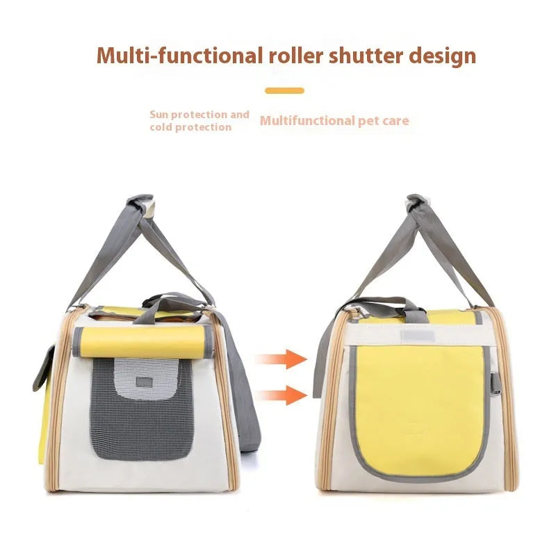 A foldable single shoulder pet bag made from canvas in black, green, or yellow.