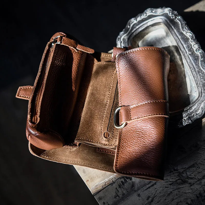 Handmade dark brown cow leather vintage bifold wallet with magnetic closure, shown open and closed.