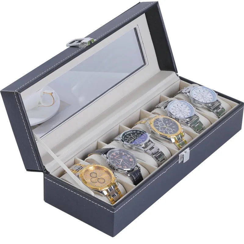 Grey high-grade leather watch storage box with a transparent dustproof lid showing multiple watch slots inside.