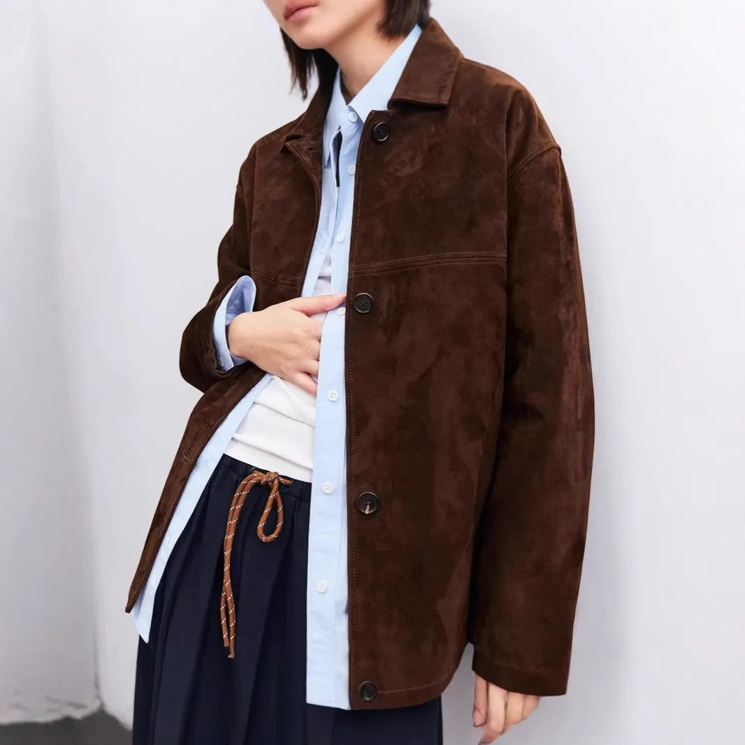 Women's caramel mocha retro cashmere coat with a Peter Pan collar and loose fit