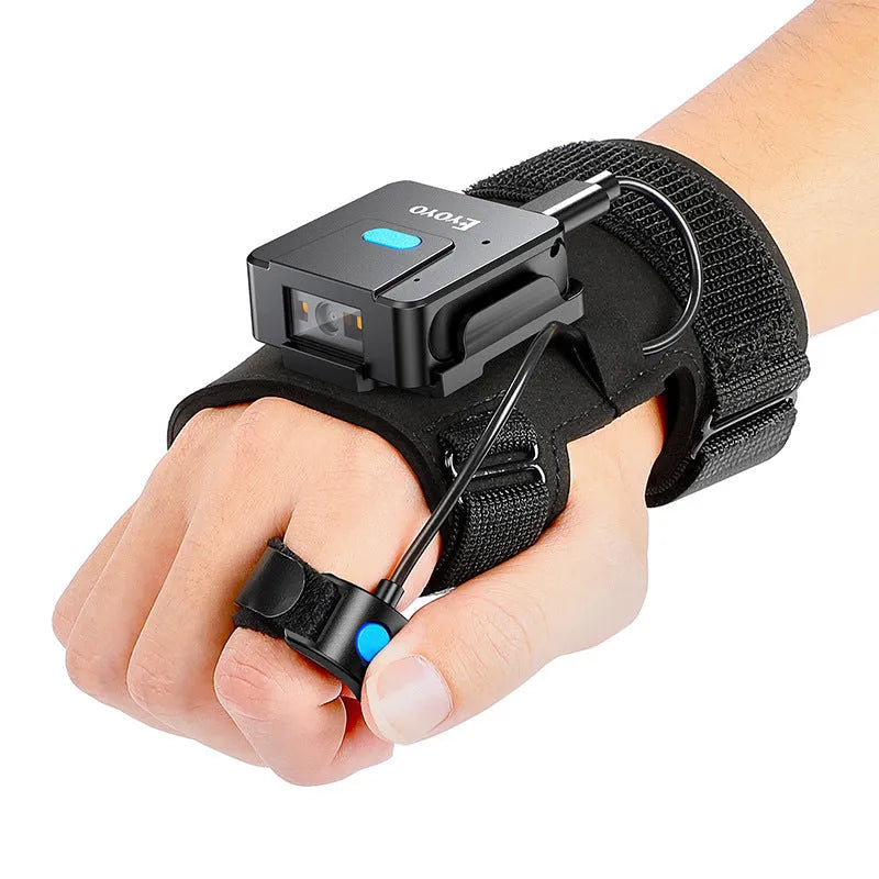 Wearable barcode scanner gloves with wrist-mounted design and Bluetooth wireless connectivity