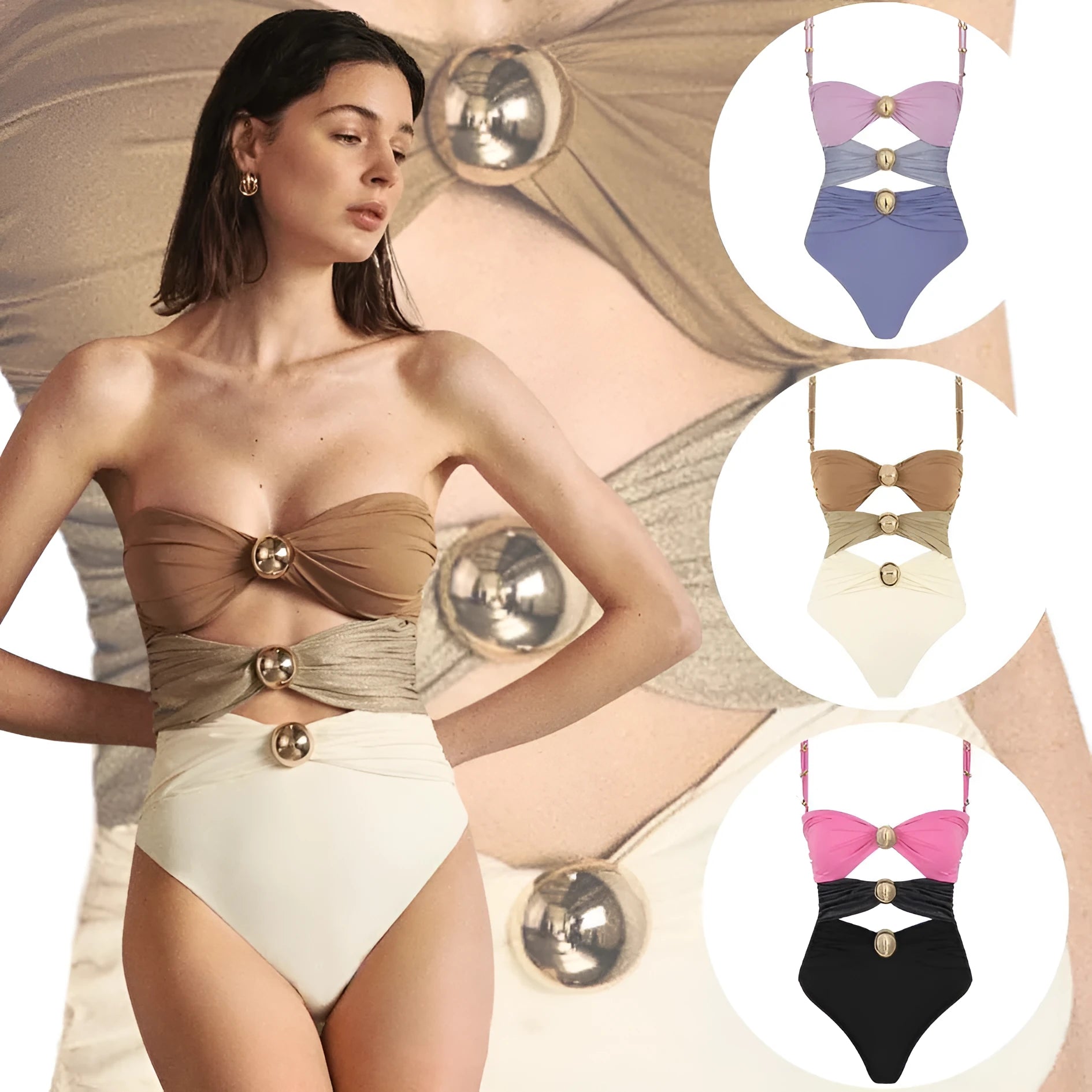 Women's one-piece swimsuit with round buckle decoration and hollow stitching pattern