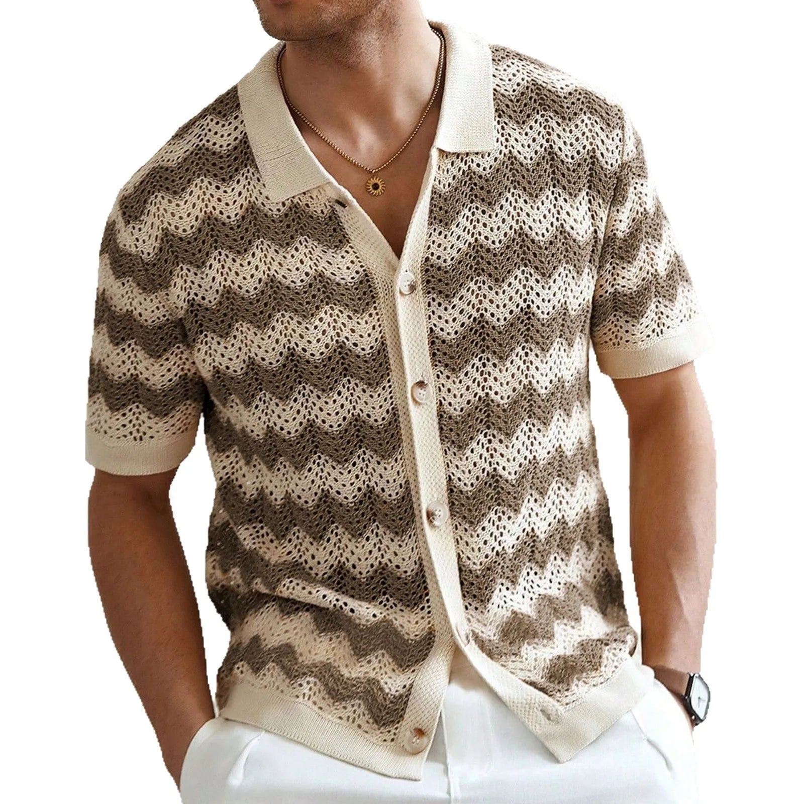 Short sleeve corrugated knit sweater in blue, brown, or yellow, showing textured jacquard pattern.