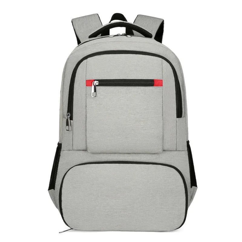 Insulated Oxford cloth backpack in light grey showing compartments and curved shoulder straps.
