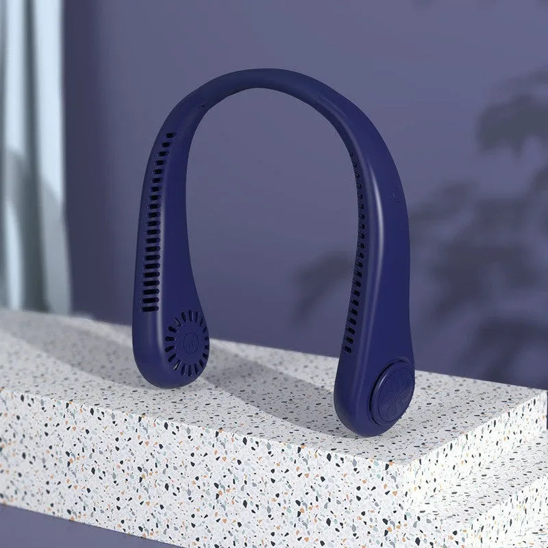 White USB rechargeable bladeless neck fan showing ergonomic neckband and compact fan unit