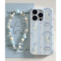 Blue and white striped PC phone case with cat lanyard for Apple iPhone, displaying fall protection design