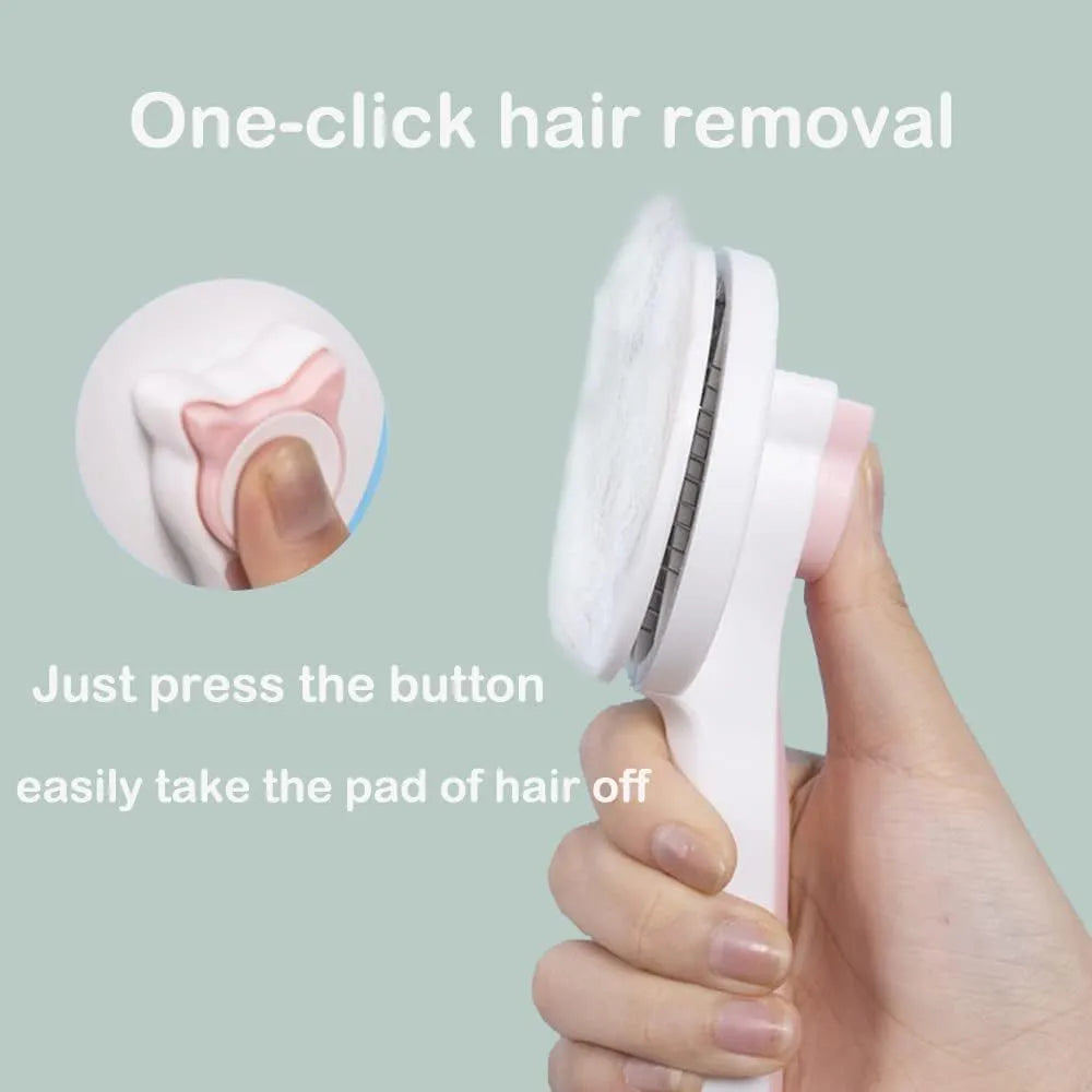 Self-cleaning cat brush with blue handle and rubber-tipped metal pins
