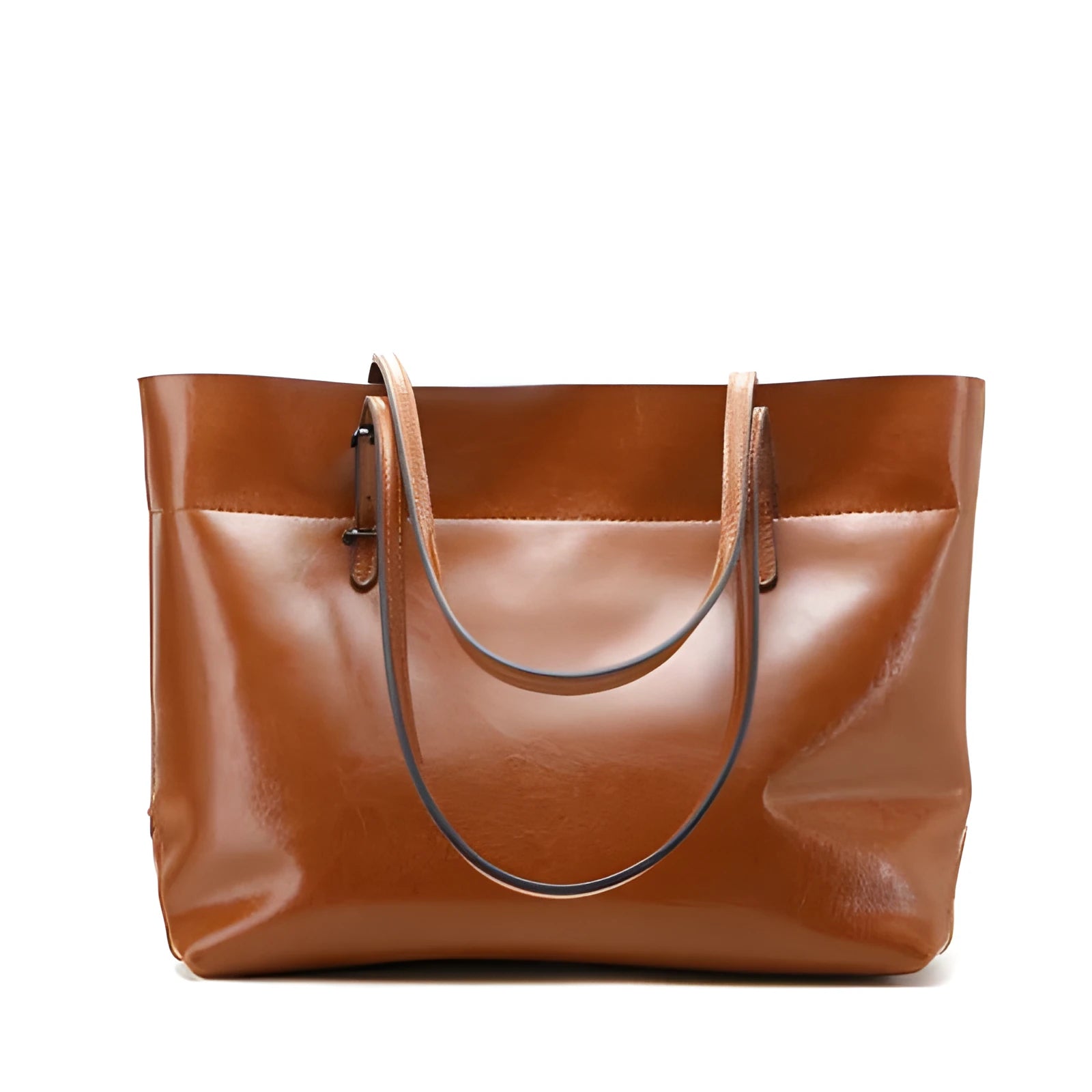 Brown leather cross-body handbag with a horizontal design showing two main compartments and a long strap.