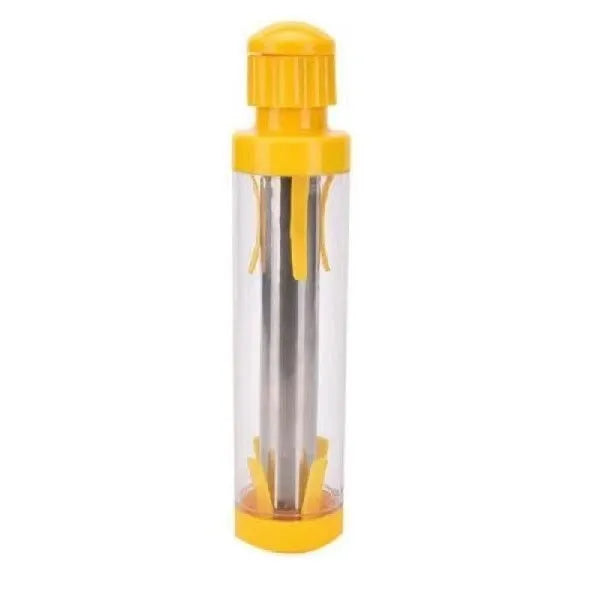 Yellow cylindrical corn stripper kitchen tool with stainless steel blades for removing kernels