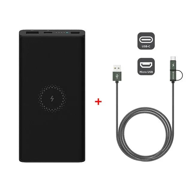 White 10000mAh power bank showing USB Type-C port, USB output, and wireless charging symbol.