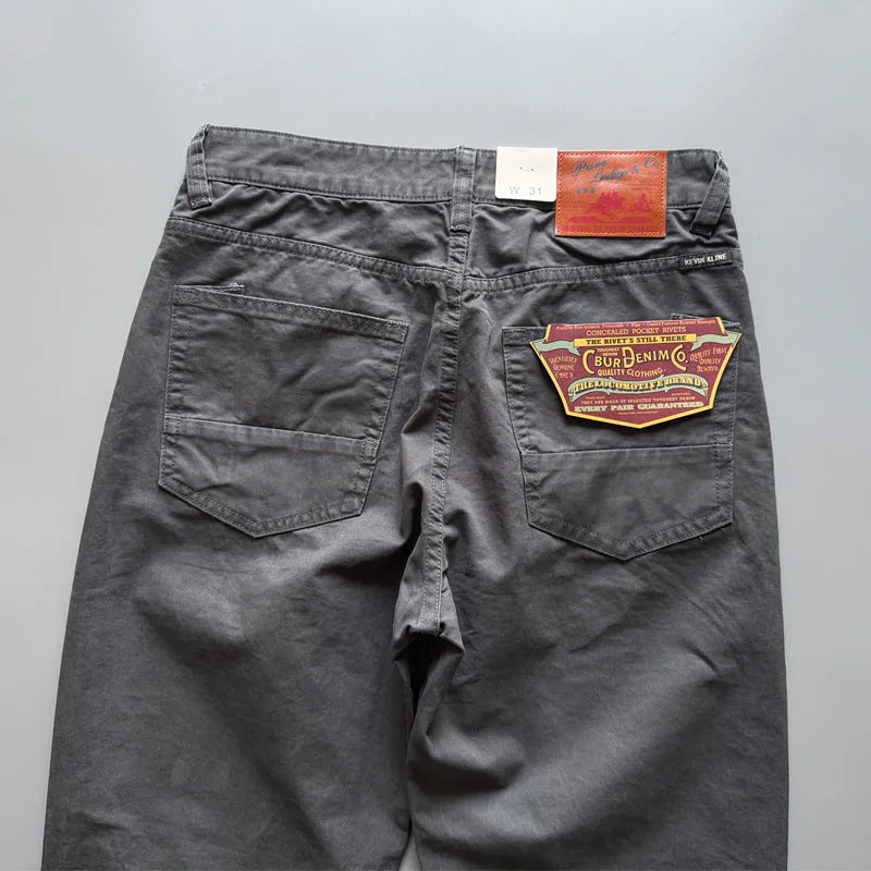 Men's straight-leg American retro cotton trousers in grey, army green or khaki colours