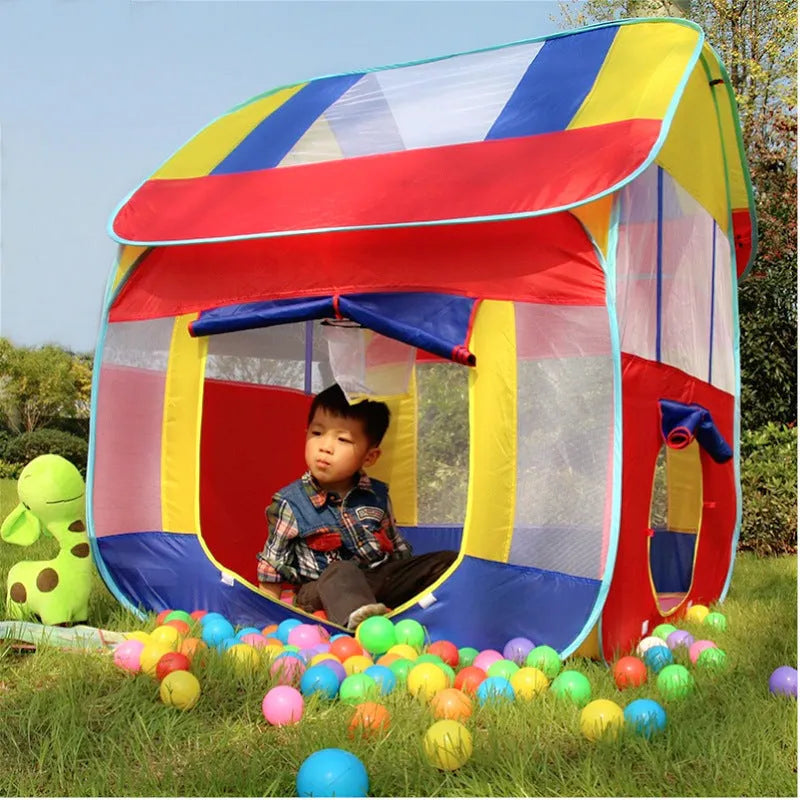 Large blue outdoor children's play tent in a garden with roll-up curtain.