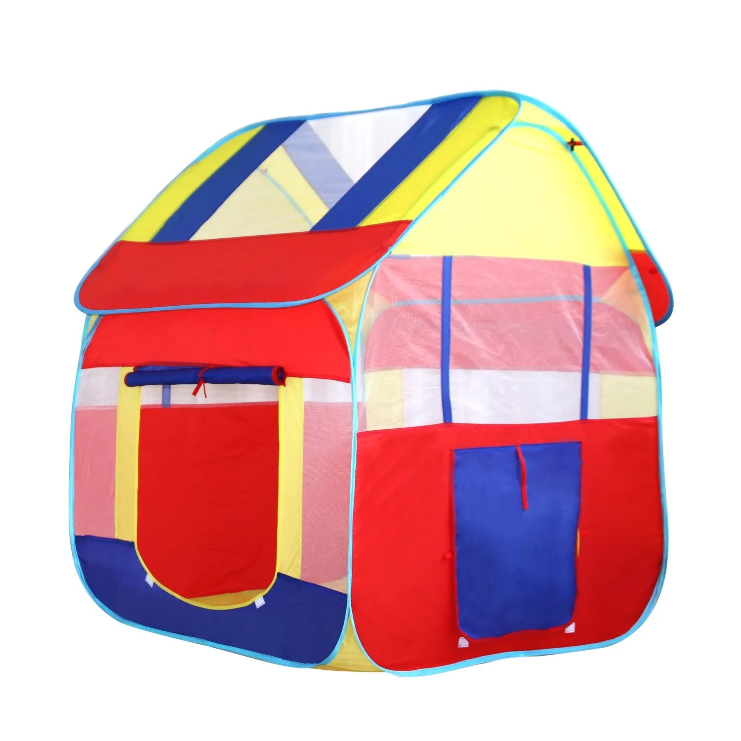 Large blue outdoor children's play tent in a garden with roll-up curtain.