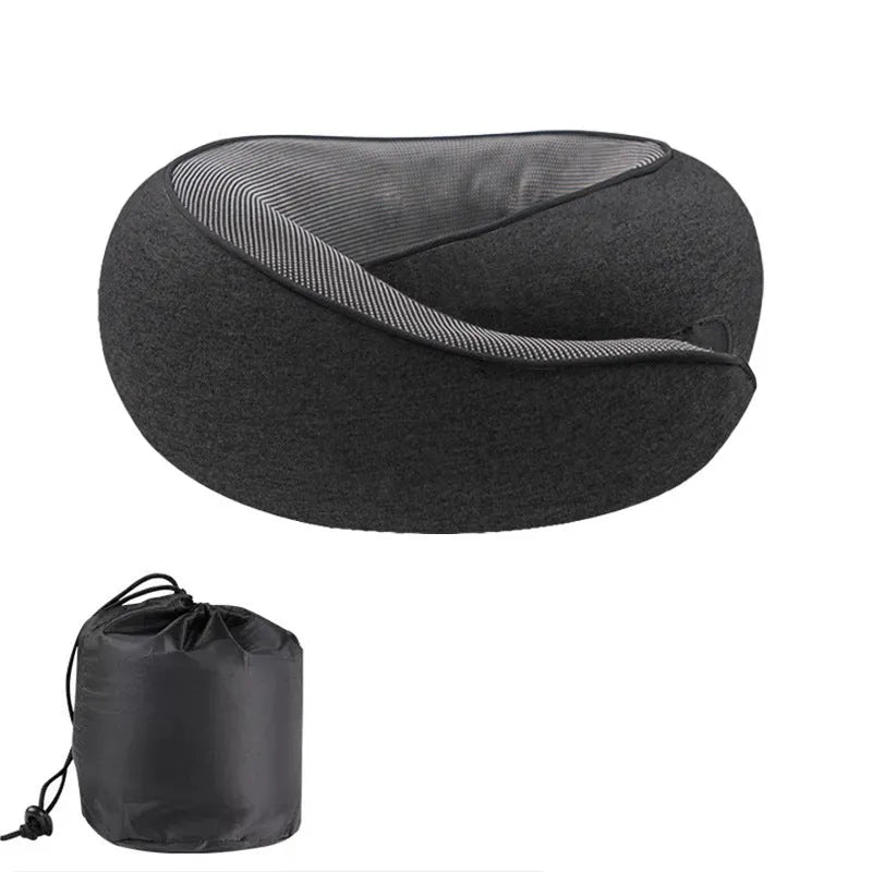 U-shaped memory foam neck pillow for travel with storage bag in grey colour.
