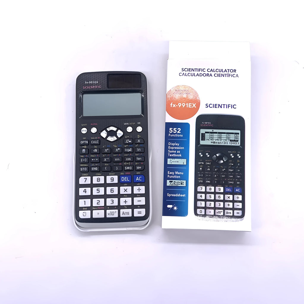 Casio fx-991EX scientific calculator in black, blue, or pink with dot matrix display