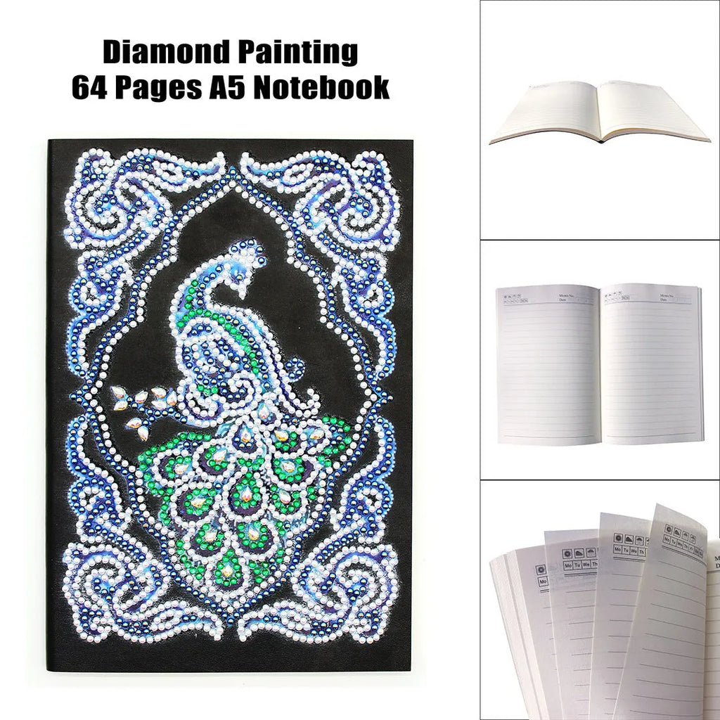 Black A5 diamond painting notebook with peacock design, open to show shaped and bright drills on page.